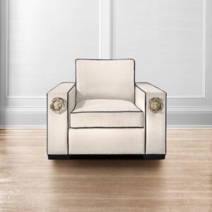 Cream Velvet Accent Chair with black piping with brass Lion head by Lori Morris Interior Designer - Luxury Furniture | Front view
